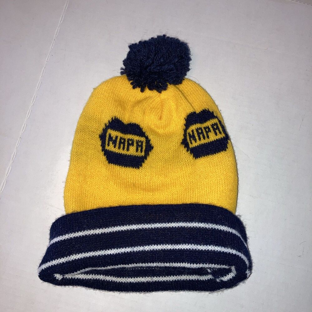 Vtg 80s 90s Spell Out NAPA Auto Parts Racing Pom Knit Winter Beanie Hat Cap